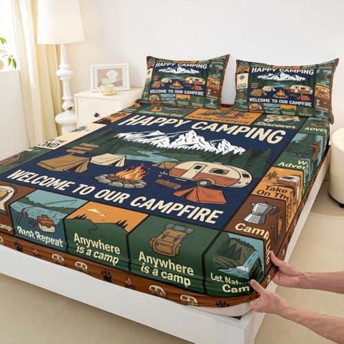 Erosebridal Camping Themed Queen Fitted Sheet, Outdoor RV Bunk Camper Bed Set for Kids Girls Boys, Forest Bear Rustic Mountain Bedding Sheets Set, Camping Lover Gifts Teen Adults Room Decor - Image 5
