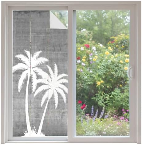 Window Privacy Film Frosted, Black Grey Palm Trees Non-Adhesive Static Cling Window Tint, Summer Coastal Tropical Botanical Insulated Windows Frosted Films for Living Room, 35.4 x 78.7 Inches by Unknown