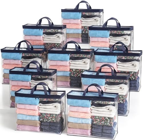 10 Pack Clear Storage Bags for Clothes, 22L Blanket Storage Bags, Under Bed Storage, Closet Organizers Bag, Upgraded Version Two-Way Zippers Design(Navy Blue) by Hopack
