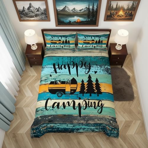 Castle Fairy RV Camper Duvet Cover Twin Size,Happy Camping Green Blue Bedding Set 2pcs for Kids Teens,Farmhouse Style Stripes Comforter Cover Soft Quilt Cover Bedroom Decor Bedspread,No Comforter by CastleFairy