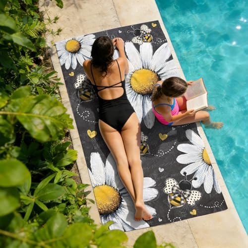 Beach Towel Bag 2 in 1 Daisy Flower Bath Pool Towels Backpack Bee Love Heart Absorbent Beach Towel Soft Quick Dry Lightweight Packable Towels Drawstring Bag for Travel Camping Sports Yoga Gym Picnic - Image 3