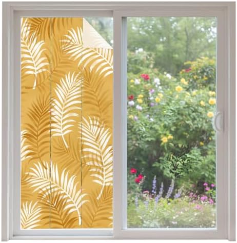 Window Privacy Film Frosted, Fall Orange Botanical Non-Adhesive Static Cling Window Tint, Summer Palm Leaves Foliage Tropical Insulated Windows Frosted Films for Living Room, 35.4 x 78.7 Inches by Unknown