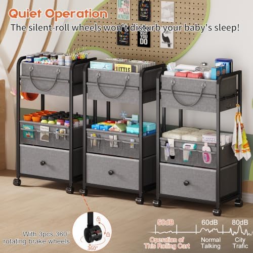 Cidaziya 3In1 Baby Diaper Caddy Organizer, 3 Tier Rolling Cart with Drawer, Detachable Dividers, Mobile Utility Cart Baby Dresser Clothes Organizer for Crib, Bedroom, Art & Craft Storage, Grey - Image 5