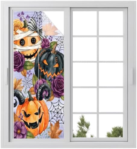 Window Privacy Film Frosted, Pumpkins Halloween Static Cling Door Window Covering, Black Horror Purple Floral Vintage UV Blocking Windows Film for Office, Hotel, Bedroom, 29.5 x 78.7 Inches by Unknown