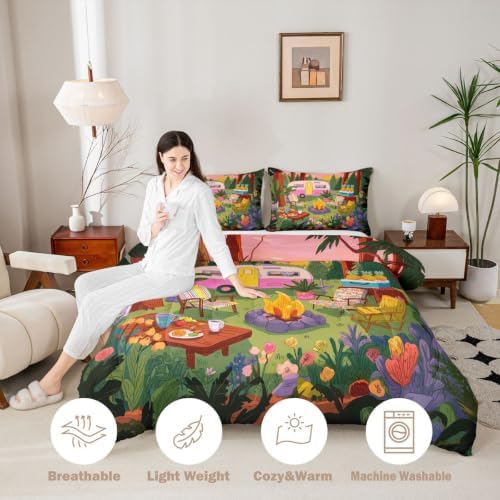 Erosebridal Woodland Camping King Comforter Set Rustic Camper Car Bedding Set Rv Bunk Comforter for Kids Boys Girls Campfire Sunset Quilt Duvet - Image 4