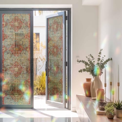Red Blue Boho Window Privacy Film Rainbow Static Cling Stain Glass Window Film for Glass Door, Decorative Heat Blocking Sunroof Decal Sticker for Car 29.5"x118" Ehtnic Abstract Art Modern Geometric - Image 3