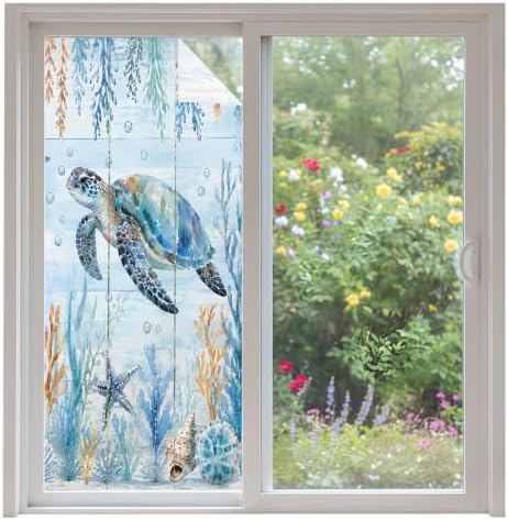 Window Privacy Film Frosted, Sea Turtle Coastal Non-Adhesive Static Cling Window Tint, Blue Ocean Coral Summer Beach Seaweed Insulated Windows Frosted Films for Living Room, 35.4 x 78.7 Inches by Unknown