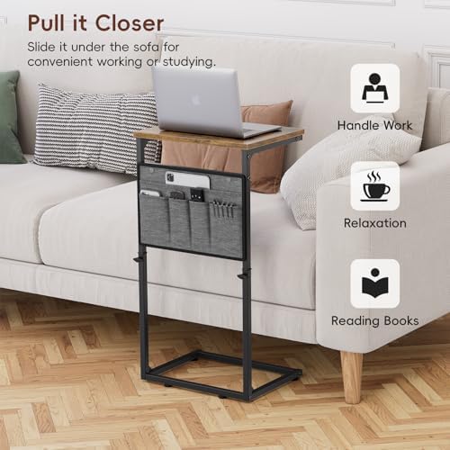 Vagusicc C Shaped End Table, Set of 2 Tall Side Table for Couch, Adjustable Height Small Couch Side Table for Small Spaces, End Table Slide Under Sofa Table TV Tray Arm Table for Living Room, Brown - Image 6