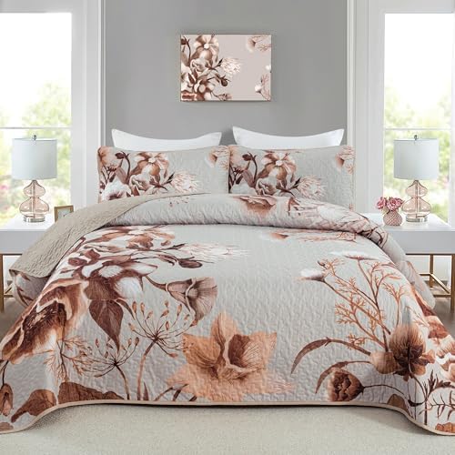 Drucon Khaki Floral Quilt Set Queen 3 Pieces Boho Flower Quilt Coverlet Set by DRUCON