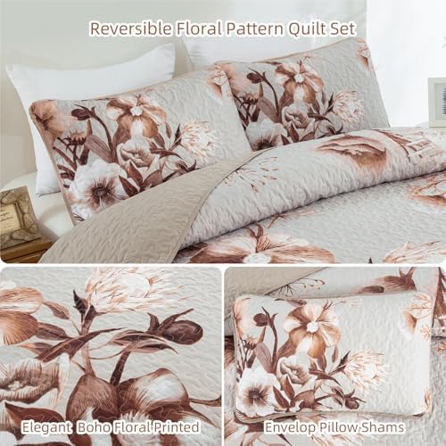 Drucon Khaki Floral Quilt Set Queen 3 Pieces Boho Flower Quilt Coverlet Set - Image 7