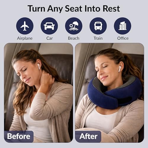 Travel Neck Pillow,Ergonomic 360° Memory Foam Support for Head, Neck. Adjustable for Long Flights. Soft &Washable Cover, EVA Box, 3D Eye Mask, Earplugs, Hair Tie & Luxury Bag (Dark Blue) - Image 3