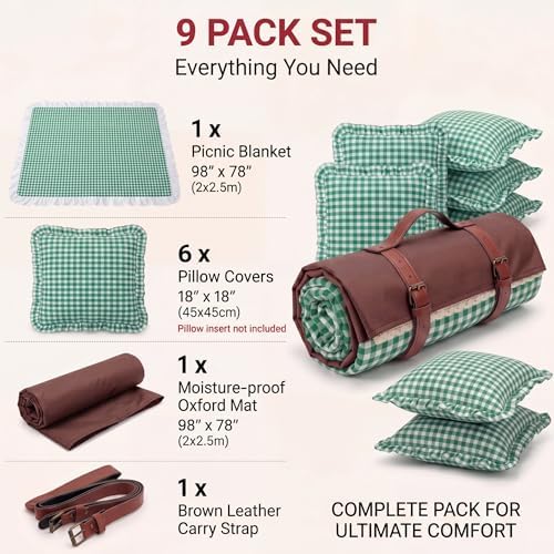 Boao Extra Large Picnic Blanket, 98" x 78" Green Gingham Picnic Blanket Set - Image 5