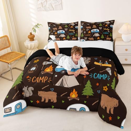 Erosebridal RV Camper Comforter Set King Size, Forest Theme Camping Bedding Sets for Kids Girls Boys, Woodland Animal Print Bear Bed Set Quilt, Outdoor Travel Trailer Room Decor - Image 6