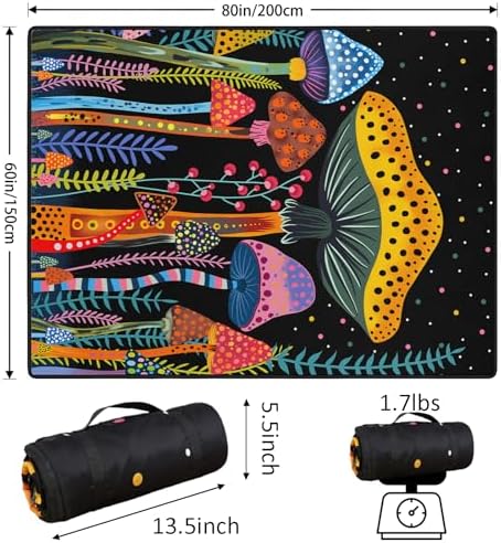 Mushroom Picnic Blankets Waterproof Foldable Picnic Outdoor Blanket 80"x 60" Picnic Mat 3-Layer Thicking Outdoor Foldable Blankets Sandproof Lightweight Beach Blankets with Strap Machine Washable - Image 2