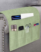 Sofa Armrest Organizer Bedside Caddy, Vintage Sage Green Non Slip Couch Remote Control Holder for Recliner, Farmhouse Retro Beige Solid Color Armchair Caddy with Pocket for Magazine, Phone, 19.7"x35" - Image 3
