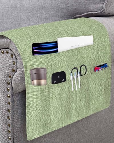 Sofa Armrest Organizer Bedside Caddy, Vintage Sage Green Non Slip Couch Remote Control Holder for Recliner, Farmhouse Retro Beige Solid Color Armchair Caddy with Pocket for Magazine, Phone, 19.7"x35" - Image 3