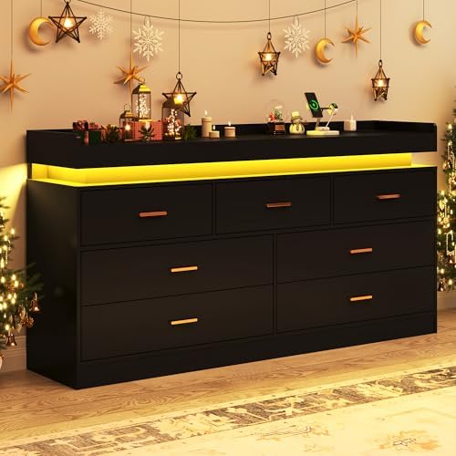 jiteentarou 7 Drawer Dresser with Charging Station and LED Lights, Modern Chest of Drawers with Power Outlet, Organizer Cabinet for Bedroom, Living Room, Entryway, Black - Image 4