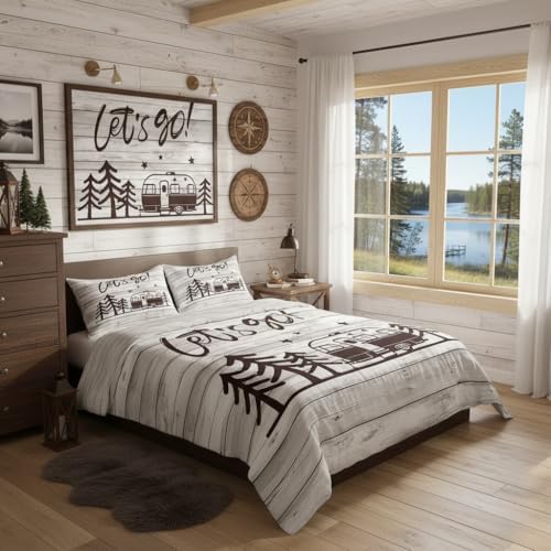 Homewish Camper Theme Bedding Set Happy Camping Comforter Cover Set for Kids Teens Women Room Decor Beige Wooden Duvet Cover Breathable Vintage Wood Farmhouse Bedspread Cover Full Size(No Comforter) - Image 5