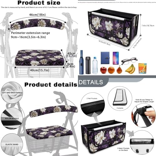 LedBack Mobility Scooter Accessories Sets Walker Seat Rollator Seat Cushion Back Cover for Seniors Purple White Flowers Universal Walker Storage Basket - Image 6