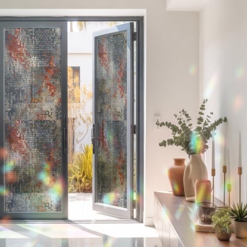 Window Privacy Film Static Cling, Burnt Orange Gray Decorative Stained Glass Window Film for Floor-to-Ceiling Glass/Large Patio Doors, Geometric Modern Industrial Abstract Art 29.5 x 118 Inches - Image 3