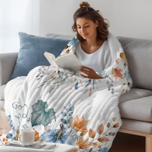Fall Blue Pumpkins Throw Blanket, Thanksgiving Fluffy Soft Blankets for Couch Bed Travel, Autumn Orange Maple Leaves Plush Microfiber Striped Flannel Blankets, Lightweight Sofa Blankets 50"x60" - Image 5
