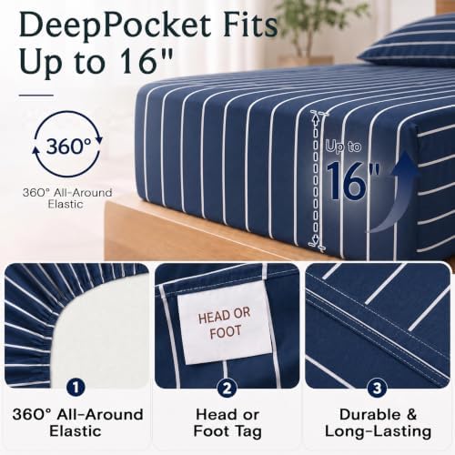 Queen Size Striped Sheets, Deep Pocket Soft & Cooling Bed Sheet Set, 4PC - Image 4