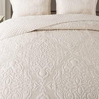 NEWLAKE Quilt Bedspread Set, Beige Jacquard Embossed Floral Pattern Reversible Embroidered Microfiber Coverlet Sets, Queen Size - Image 4