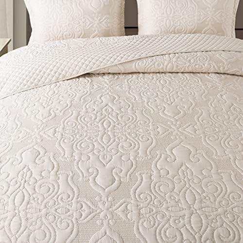 NEWLAKE Quilt Bedspread Set, Beige Jacquard Embossed Floral Pattern Reversible Embroidered Microfiber Coverlet Sets, Queen Size - Image 4