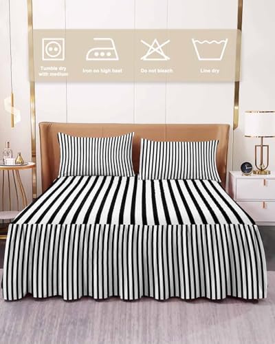 Ruffle Skirt Bedspread for Queen Size Bed Modern Black White Stripe 3 Piece Bedding Cover with Pillow Sham,18In Drop Bedskirt Coverlet for Bedroom Dorm Geometric Line Minimalist Style - Image 2