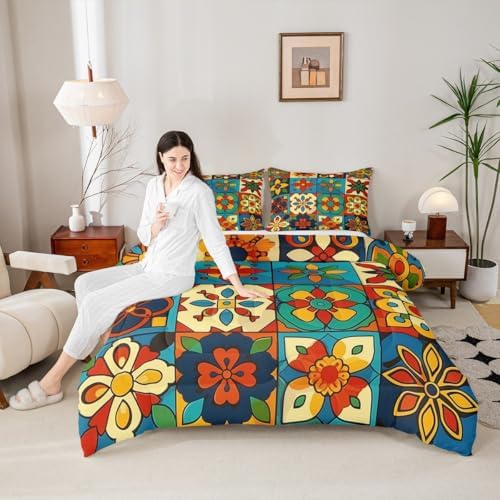 Erosebridal Colorful Mexican Talavera Tile Comforter Set King - Vintage Floral Bedding Set, Exotic Ethnic Bohemian Quilt for Kids Adults, Patchwork Flower Bedroom Decor - 2 Pillowcases by Erosebridal