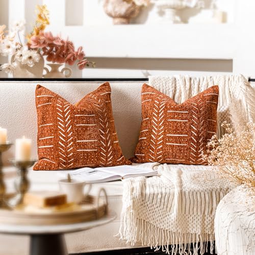 BlissBlush Decorative Throw Pillow Covers 20X20 Set of 2, Brick Red Boho Farmhouse Cushion Cover, Cozy Soft Accent Pillowcase for Couch Sofa Bed Living Room Home Décor - Image 4