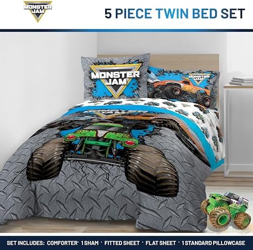Monster Jam Twin Comforter Set 5 Piece Kids Sports Bedding for Boys, Gray - Image 2