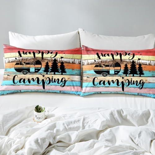 Camper Bedding for Travel Trailers,Colorful Stripes Vintage Barn Door Comforter Cover Set Twin,Happy Camping Duvet Cover for Boys Girls Camping Lover,Western Farmhouse Style Bedding Set,No Comforter - Image 4