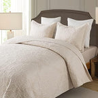NEWLAKE Quilt Bedspread Set, Beige Jacquard Embossed Floral Pattern Reversible Embroidered Microfiber Coverlet Sets, Queen Size - Image 2