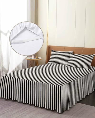 Black Striped Bed Skirts for Queen Bed 18 Inches Drop, Wrap Around Bedskirt Dust Ruffle Pleated Bedspread Modern Simple Farmhouse Beige Vintage Fitted Sheet with 2 Decorative Pillowcase 30"x20" - Image 4