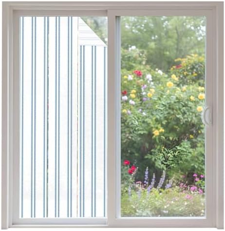 Window Privacy Film Frosted, Blue Stripes Non-Adhesive Static Cling Window Tint, Farmhouse Vertical Lines Modern Minimalist Insulated Windows Frosted Films for Living Room, 35.4 x 78.7 Inches by Unknown
