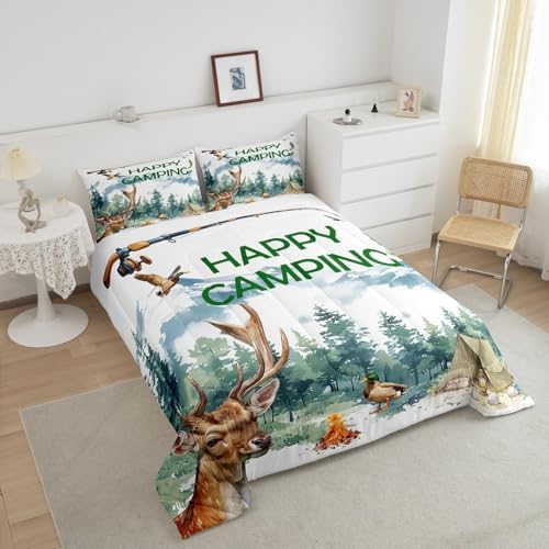 Erosebridal Happy Camping Full Comforter Set,RV Camper Bedding Set for Kids Boys Girls Bedroom Decor,Hunting Deer Fishing Bed Set Rustic Mallard Duck Bedding Comforter Sets,2 Pillowcases - Image 4