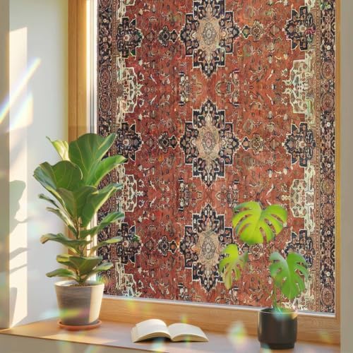 Brown Red Window Privacy Film Rainbow Static Cling Stain Glass Window Film for Glass Door, Decorative Heat Blocking Sunroof Decal Sticker for Car 35.4"x78.7" Vintage Boho Ethnic Geometric Abstract Art - Image 3