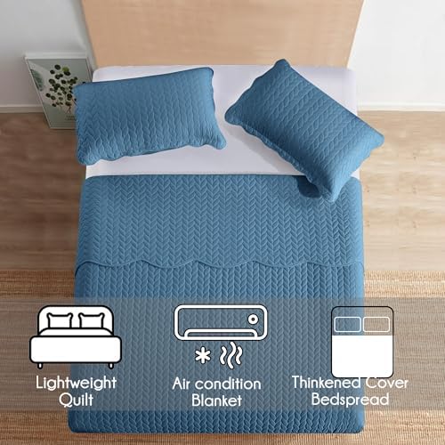 Twin Quilt Set Bedspread Coverlet Microfiber Bedding Leaf Washed Blue 68x86 - Image 6