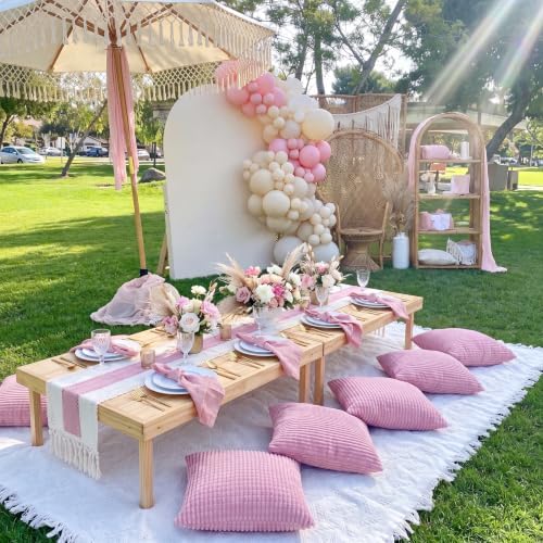 Beeveer 8 Pcs Light Pink Picnic Kit Extra Large Outdoor Boho Picnic Blanket 91x71'', Low Table Runner, 6 Throw Pillow Covers, Woven Cotton Yarn Oversize Washable Beach Blanket for Camp Wedding Garden - Image 3