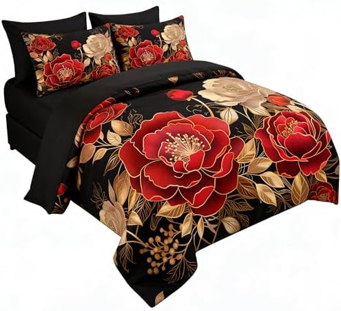 CCoutueChen Red Rose 7 Piece Queen Comforter Set, Black Gold Floral Bedding - Image 2