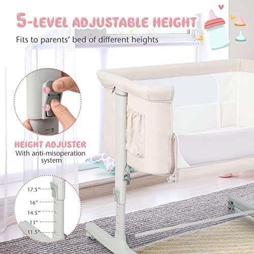 BABY JOY Bassinet Bedside Sleeper, 3 in 1 Folding Crib w/Adjustable Height, Mattress, Lockable Wheels, Storage Pocket & Carry Bag for Infant Newborn, Stationary & Rock, Portable Baby Bassinet (Beige) - Image 2
