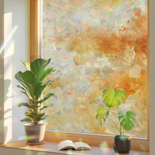 Orange Fall Ombre Window Privacy Film Rainbow Static Cling Stain Glass Window Film for Glass Door, Decorative Heat Blocking Sunroof Decal Sticker for Car 23.6"x78.7" Watercolor Abstract Oil Painting by AMZRicher