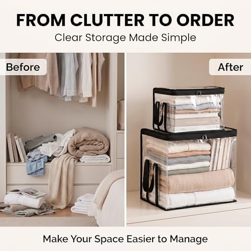Clear Storage Bins with Lids, Plastic Storage Boxes and Closet Organizers for Under Bed Toy Storage, Foldable Moving Bags for Packing Clothes (Black-8PCS, Small: 12.6 x 9.5 x 9.8 in) - Image 7