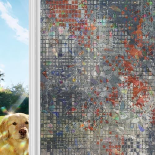 Window Privacy Film Static Cling, Burnt Orange Gray Decorative Stained Glass Window Film for Balcony Doors/Full-Length Windows, Geometric Modern Industrial Abstract Art 23.6 x 78.7 Inches - Image 4