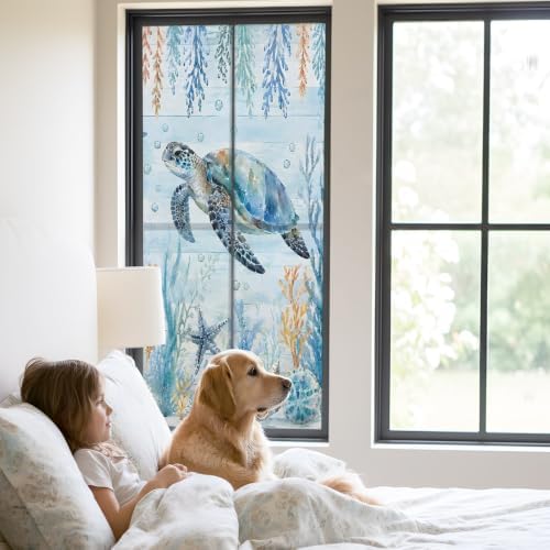 Window Privacy Film Frosted, Sea Turtle Coastal Static Cling Door Window Covering, Blue Ocean Coral Summer Beach Seaweed UV Blocking Windows Film for Office, Hotel, Bedroom, 29.5 x 78.7 Inches - Image 2