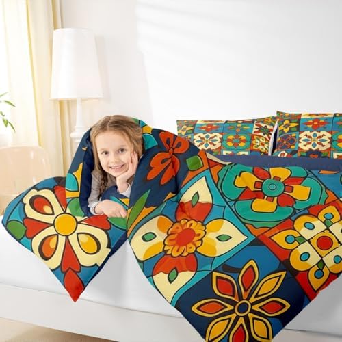 Erosebridal Colorful Mexican Talavera Tile Toddler Bedding Set - Vintage Floral Comforter Sets, Exotic Ethnic Bohemian Bed Set for Kids, Patchwork Flower Room Decor - 1 Pillowcase - Image 4
