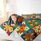 Erosebridal Colorful Mexican Talavera Tile Comforter Set King - Vintage Floral Bedding Set, Exotic Ethnic Bohemian Quilt for Kids Adults, Patchwork Flower Bedroom Decor - 2 Pillowcases - Image 4