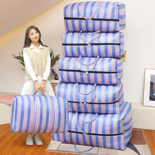 Large Nylon Woven Bag Moving Bag,75L/100L/120L/160L/230L Blue and White Stripes Laundry Bag Reusable Zipper Bag for Packing,Blankets,Duvet (4,90x50x40cm) - Image 7