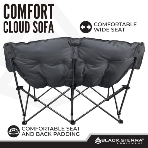 Black Sierra Double Loveseat Comfort Camping Couch, Oversized Folding Chair for Adults, 600‑lb Capacity, Plush Padded Heavy Duty Outdoor Seat with Cup Holders & Carry Bag for Beach, RV - Image 6